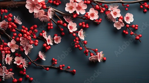 top view of chinese new year background with flower oranament and red background photo