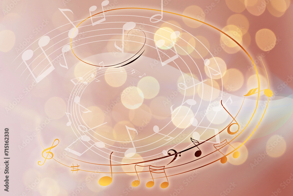 Music notes on background with blurred lights, bokeh effect