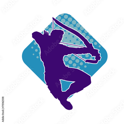 Silhouette of a male archer warrior in action pose. Silhouette of a man fighter carrying archery weapon.