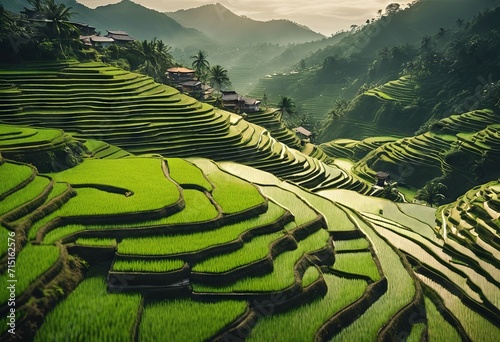 Peaceful Landscapes of a Lush Terraced Rice Fields in a Beautiful Hilly Area photo