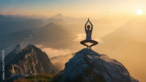 Panoramic view. Back view of slim woman in black sportswear doing yoga exercise on one leg in mountains. Concept of yoga time at sunset. 
