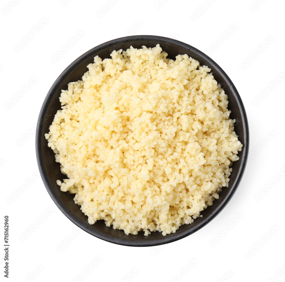 Tasty couscous in bowl isolated on white, top view Tasty couscous in bowl isolated on white, top view