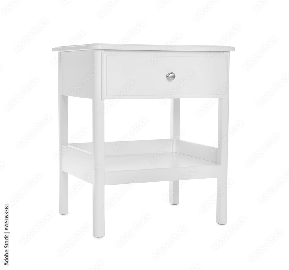Stylish wooden bedside table isolated on white Stylish wooden bedside table isolated on white