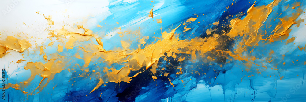 Impressive Explosion of Splashes of Blue and Yellow Paint on a Black Background - Abstract Painting