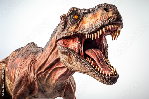 Close up of a roaring tyrannosaurus rex isolated on a white background. Generative AI © Lucas