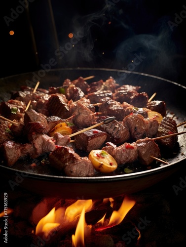 Poster published in Chinese food magazine, Festive warm and bright food shots, An instant scene of succulent beef kebabs being dusted with cumin - generative ai