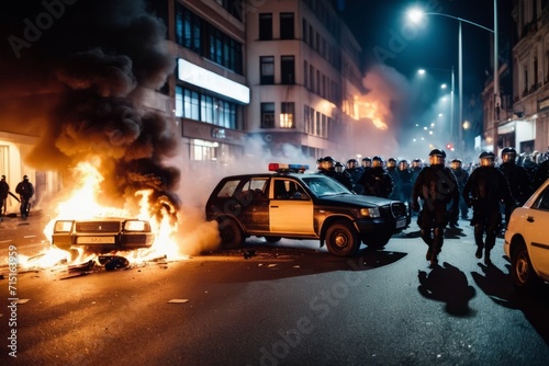 a documentary photo of revolutionary riots and protests. burning building and cars in the city. special force police with equipment catching protesters in the night