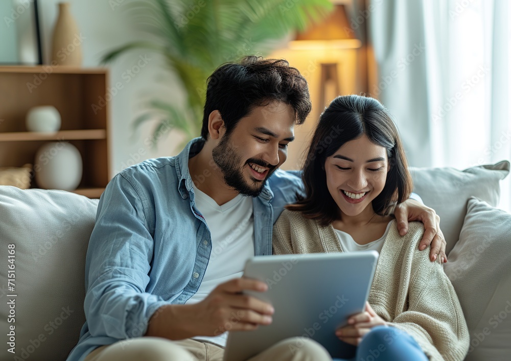 Interracial couple, doing online shopping with a tablet, sitting in a comfortable position, on the sofa Interracial couple, doing online shopping with a tablet, sitting in a comfortable position, on the sofa