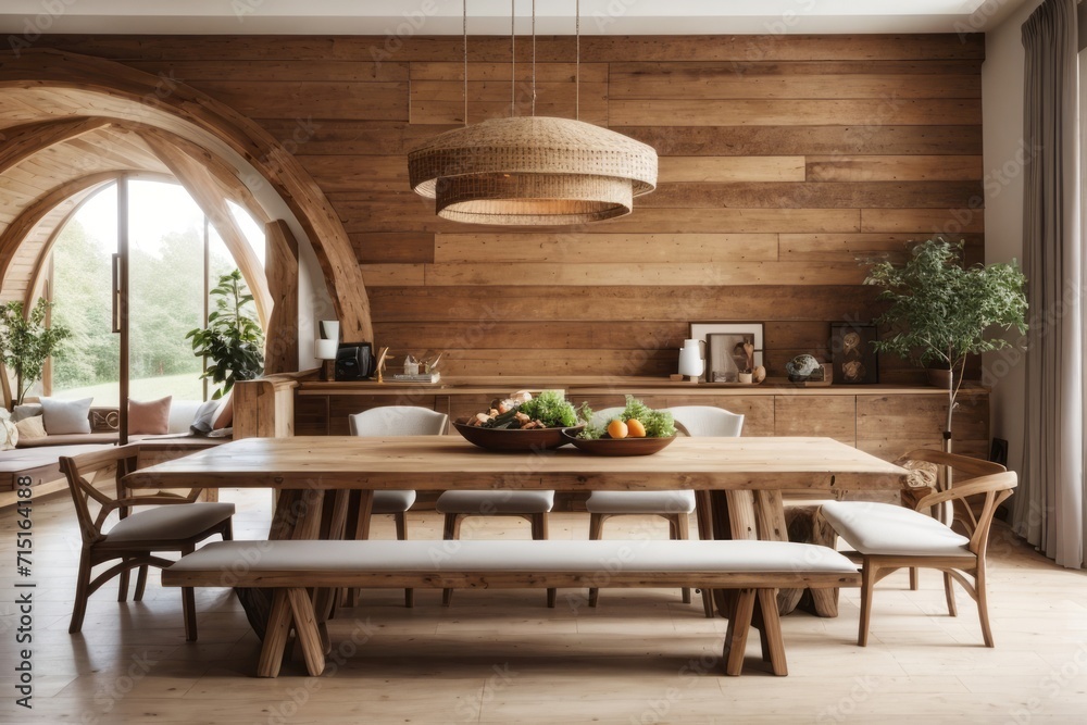 scandinavian interior home design of modern dining room with wooden chairs and rustic dining table with wooden wall