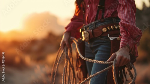 The wild west cowgirl grips her lasso in one hand, ready for any challenges that may come her way. photo
