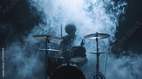 A haunting silhouette of a metal drummer shrouded in smoke creating a dark and electric atmosphere