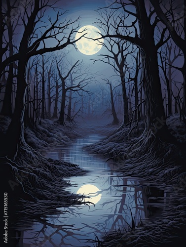 Moonlit Night: Enchanting Vintage Prints of Mysterious Lake Scenes with Reflections