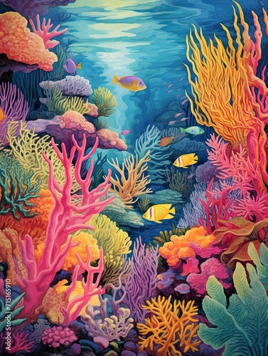 Vibrant Coral Reef Explorations Art Print: Ocean Vintage Painting Wall Decor