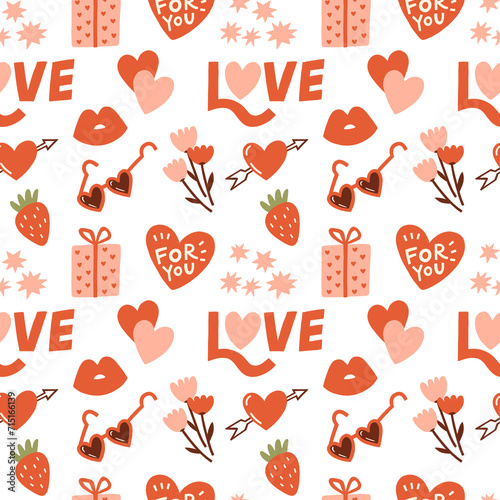 Valentine's Day Romantic Seamless Pattern with playful and whimsical illustrations of heart, love, lips, heart shaped sunglasses, strawberry, gift, flowers, stars elements.