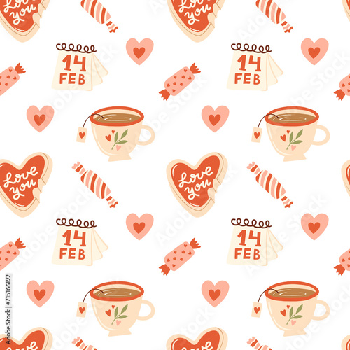 Valentine's Day Romantic Seamless Pattern with playful and whimsical illustrations of heart, love, tea cup, calendar, candy elements.