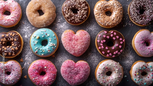 Assortment of Heart-Shaped Donuts - Colorful Icings on Dark Surface, Valentine's Day Concept