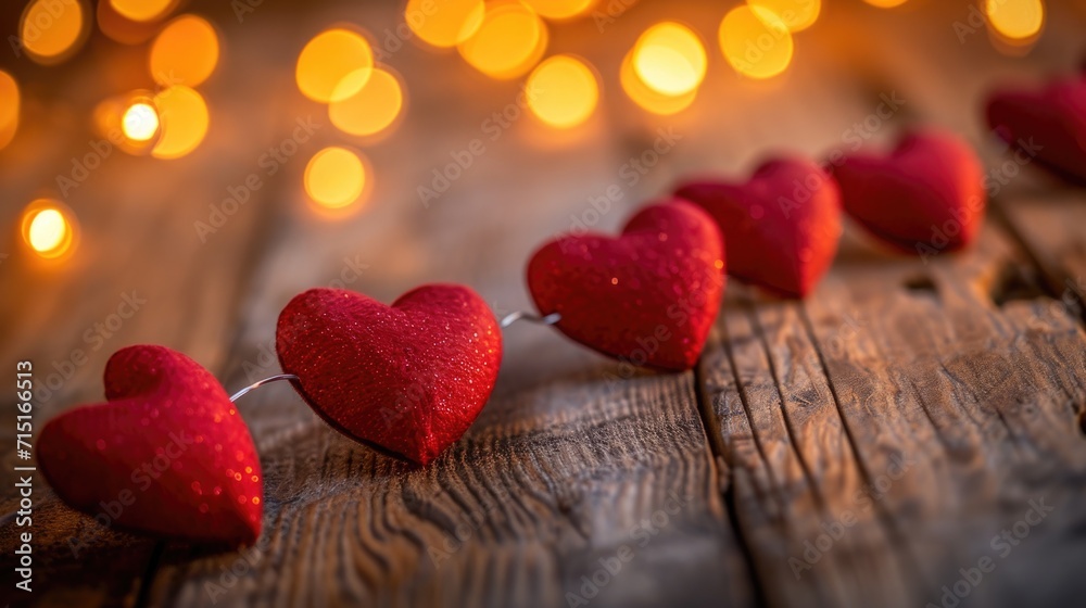 Obraz premium Red Paper Heart Garland on Wooden Surface - Cozy and Romantic Bokeh Lights, Valentine's Day Concept