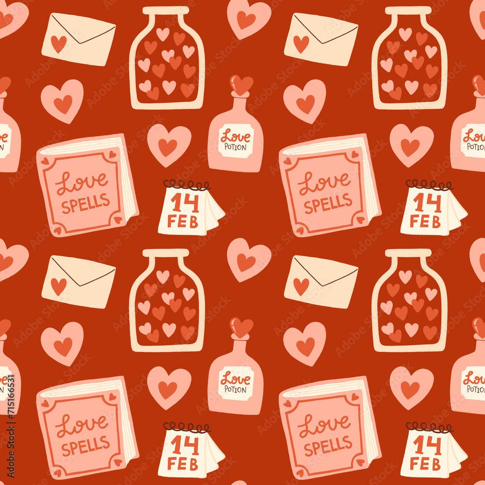 Valentine's Day Romantic Seamless Pattern with playful and whimsical illustrations of heart, love spells, love potion, calendar, bottle with heart candies, love letter elements Valentine's Day Romantic Seamless Pattern with playful and whimsical illustrations of heart, love spells, love potion, calendar, bottle with heart candies, love letter elements