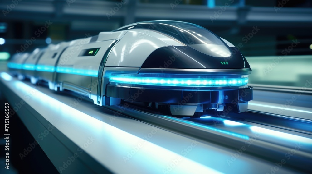 A zoomedin view of a magnetic levitation train using magnetic propulsion to hover over its tracks.