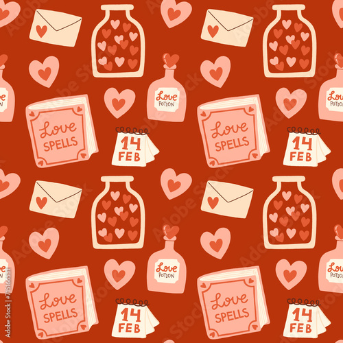 Valentine's Day Romantic Seamless Pattern with playful and whimsical illustrations of heart, love spells, love potion, calendar, bottle with heart candies, love letter elements