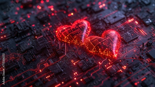 Love Meets Technology - Illuminated Heart Circuitry on Electronic Motherboard, Valentine's Day Concept