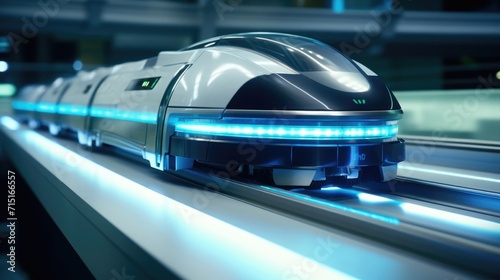 A zoomedin view of a magnetic levitation train using magnetic propulsion to hover over its tracks. photo