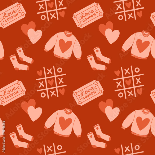 Valentine's Day Romantic Seamless Pattern with playful and whimsical illustrations of heart, sweater, socks, love coupon, tic tac toe xoxo game elements
