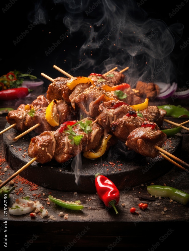 Poster published in Chinese food magazine, Festive warm and bright food shots, An instant scene of succulent beef kebabs being dusted with cumin - generative ai