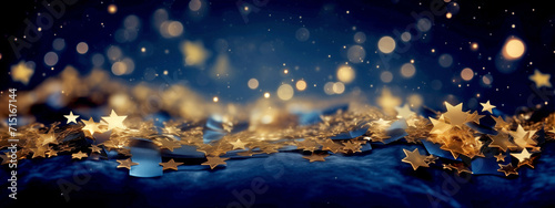 Twinkling Sparkling Golden Stars on a Blue Background. Festive Background