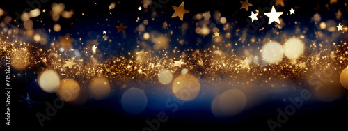 Twinkling Sparkling Golden Stars on a Blue Background. Festive Background