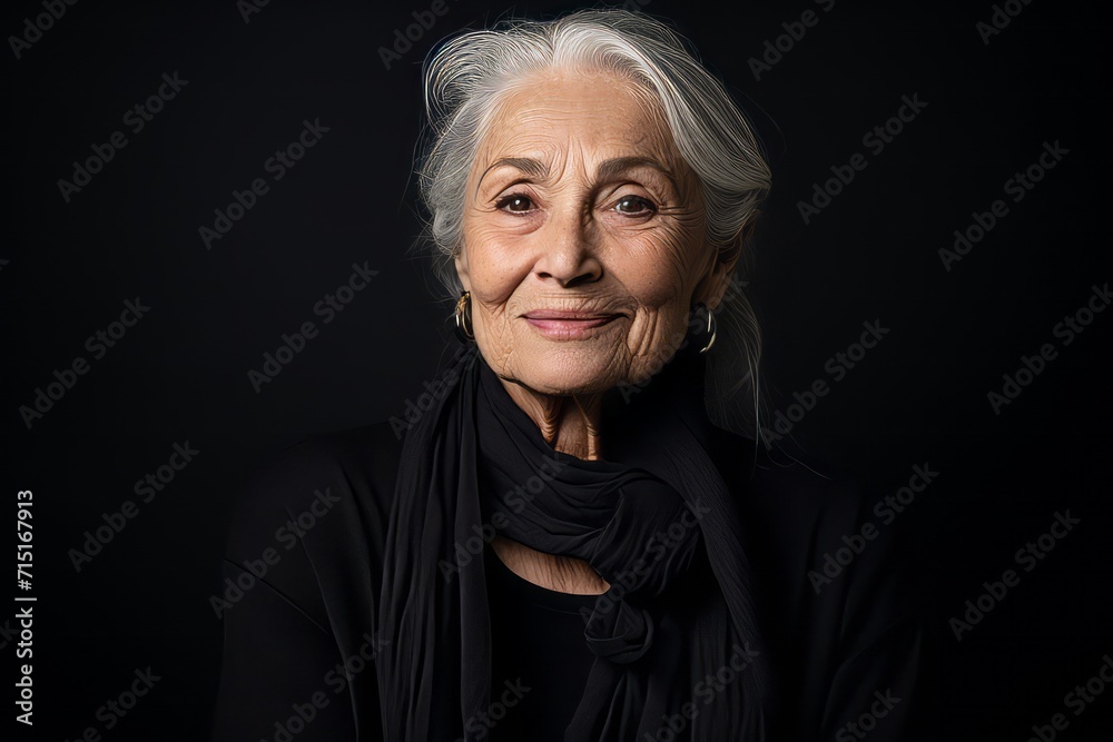 Portrait of a smiling senior woman in black scarf on black background Portrait of a smiling senior woman in black scarf on black background