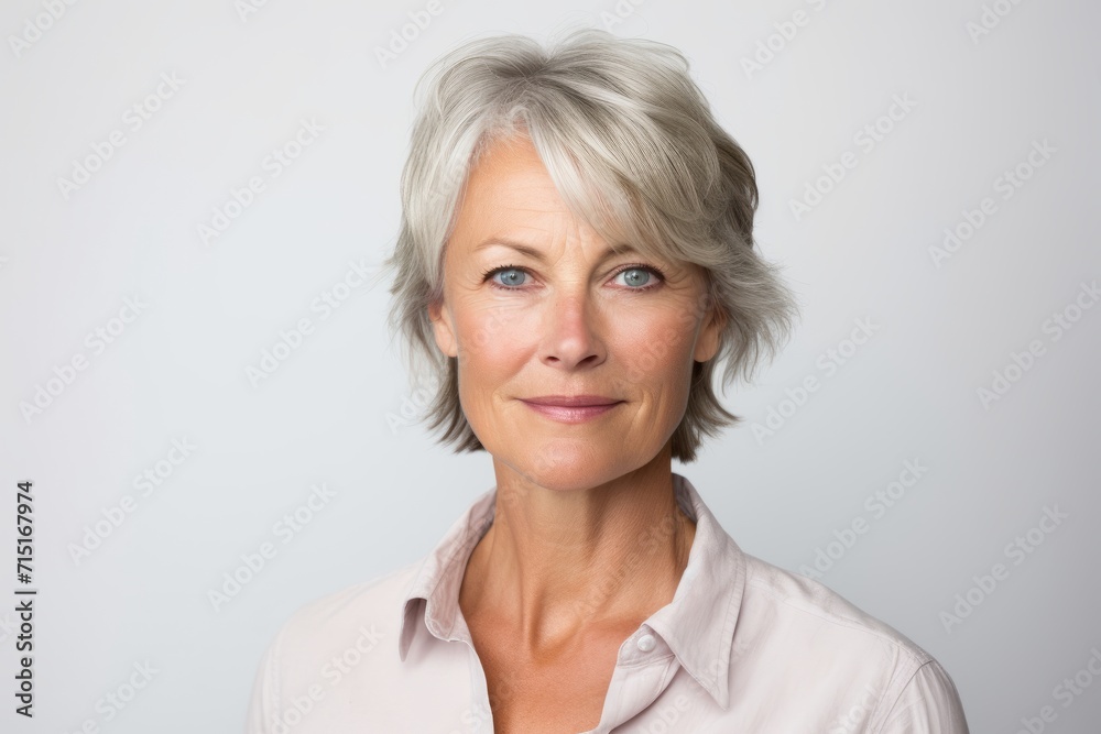 Portrait of a beautiful senior woman with grey hair looking at the camera
