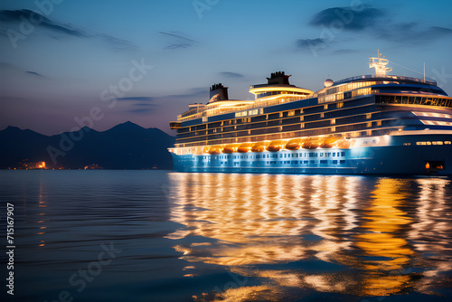 a cruise liner floating in the sea at night generative ai