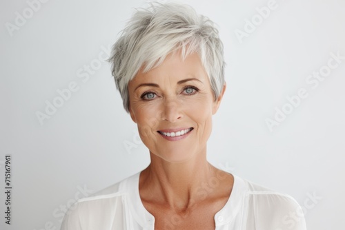 Portrait of a happy mature businesswoman with short hair looking at camera