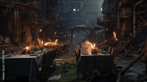 A post-apocalyptic dinner setting in a reclaimed industrial space.