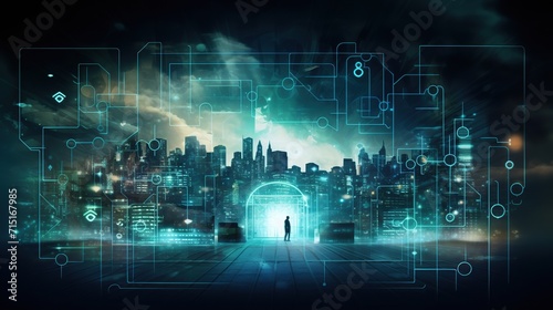 Blue abstract high speed internet technology background illustration.security concept. Safety concept, Closed Padlock on digital, cyber security, Convergent point lock on circuit, lock