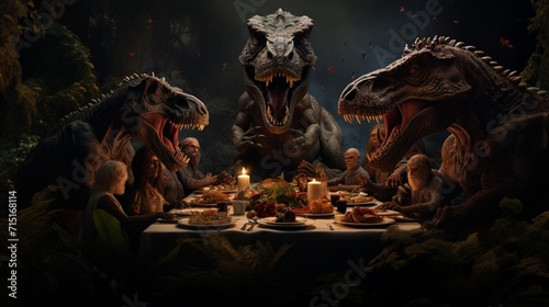A prehistoric dinner scene surrounded by ancient dinosaurs. © Azeem