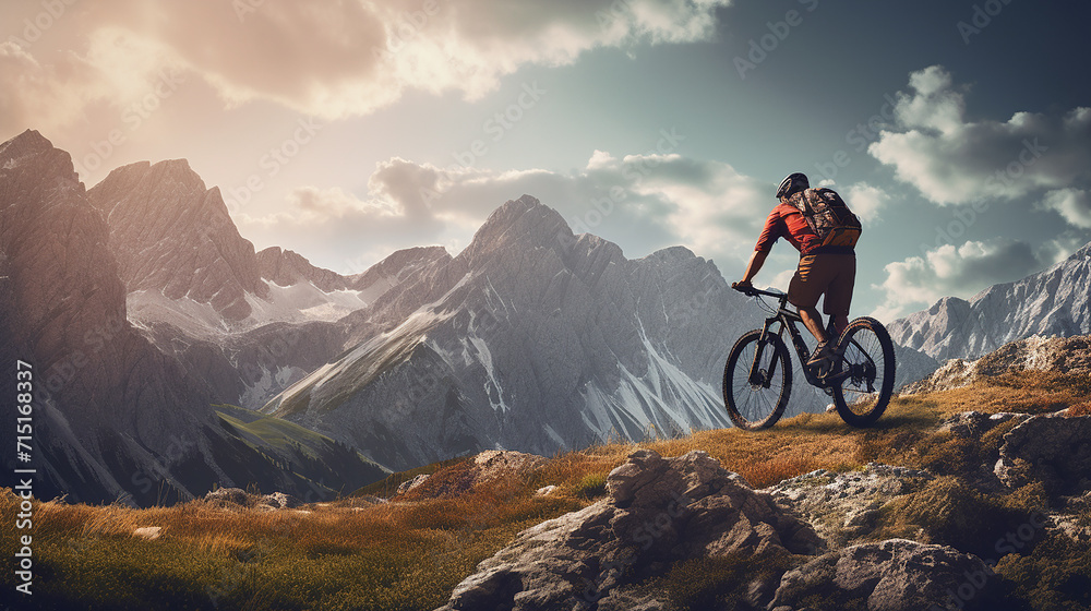 A crisp 3D rendering of a solo mountain biker against a stark, digitally-rendered mountain range