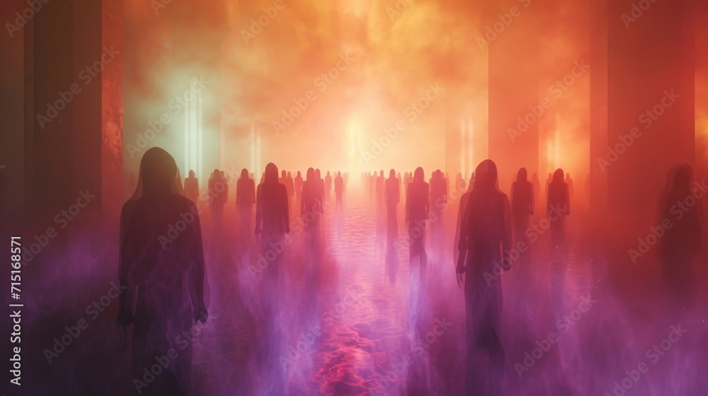 In an expanse of shimmering mist a spectral choir invokes an otherworldly melody their translucent forms swaying in unison as they harmonize In an expanse of shimmering mist a spectral choir invokes an otherworldly melody their translucent forms swaying in unison as they harmonize