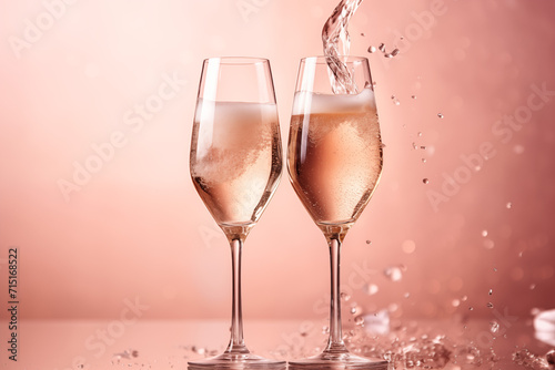 two glasses of champagne on pink background. Valentines day. AI Generated