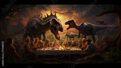 A prehistoric dinner scene surrounded by ancient dinosaurs.