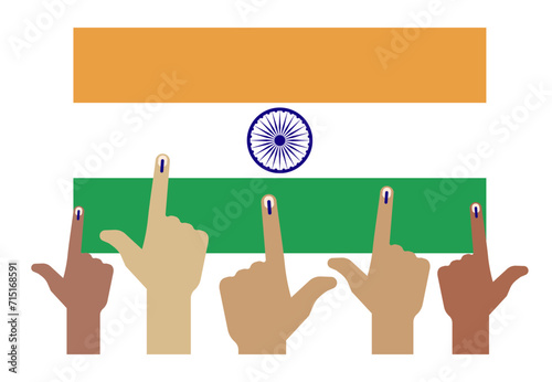Indian election banner. multiple inked index fingers raised, representing voter participation, with India flag background. Vector flat icon style design