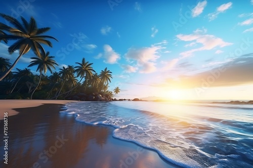 Tropical beach at sunset with palm trees. Beautiful nature background