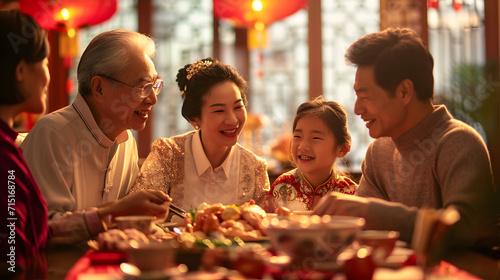 multi-generational Chinese family gathered around a large dining table filled with traditional festive dishes