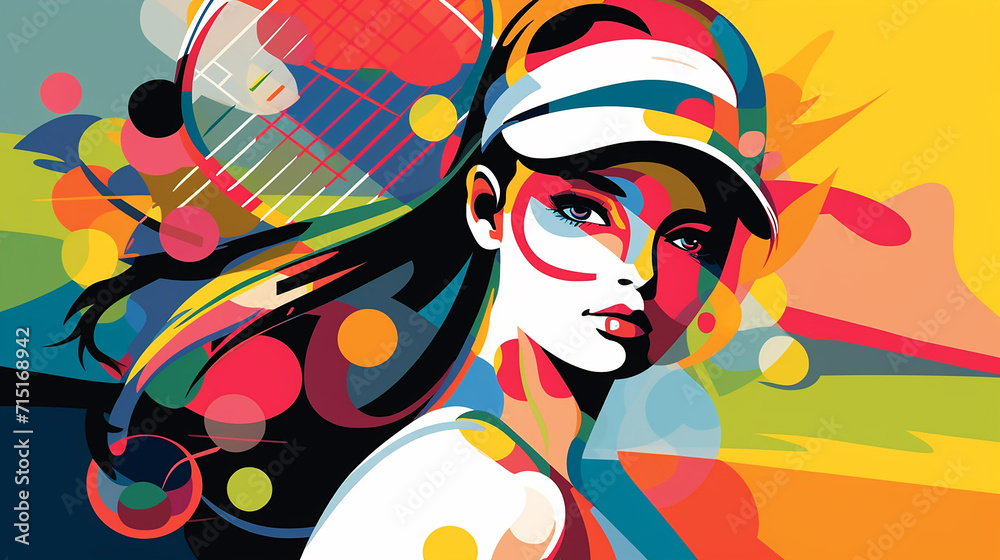 A 60s pop style of a female tennis player, the groovy colors and shapes echoing fashion of the era A 60s pop style of a female tennis player, the groovy colors and shapes echoing fashion of the era