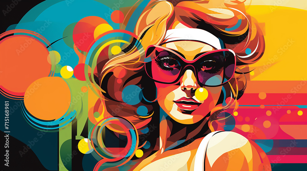 A 60s pop style of a female tennis player, the groovy colors and shapes echoing fashion of the era