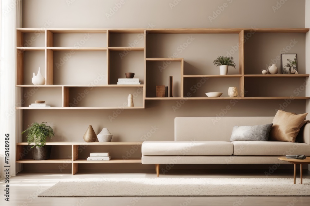 Interior home design of living room with wooden shelving bookcase Interior home design of living room with wooden shelving bookcase
