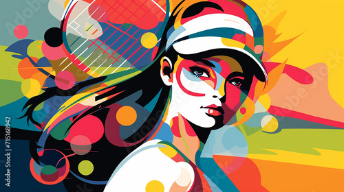 A 60s pop style of a female tennis player  the groovy colors and shapes echoing fashion of the era