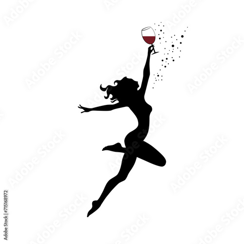 Kobieta tańcząca z kieliszkiem czerwonego wina. Miłośnik wina. Wektorowa ilustracja.