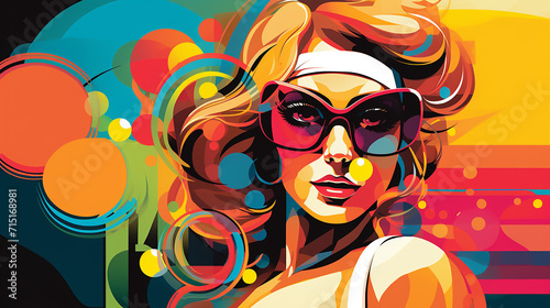 A 60s pop style of a female tennis player, the groovy colors and shapes echoing fashion of the era photo